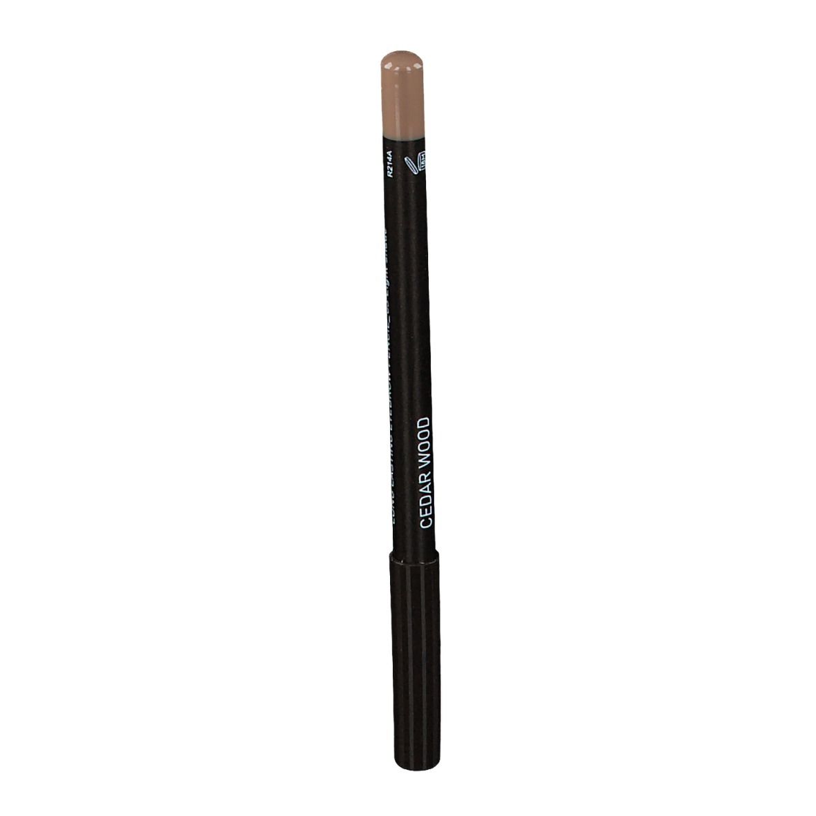 Bruin wenkbrauwpotlood met zwarte schacht. Opschrift: Cedar Wood Long Lasting Eyebrow Pencil.