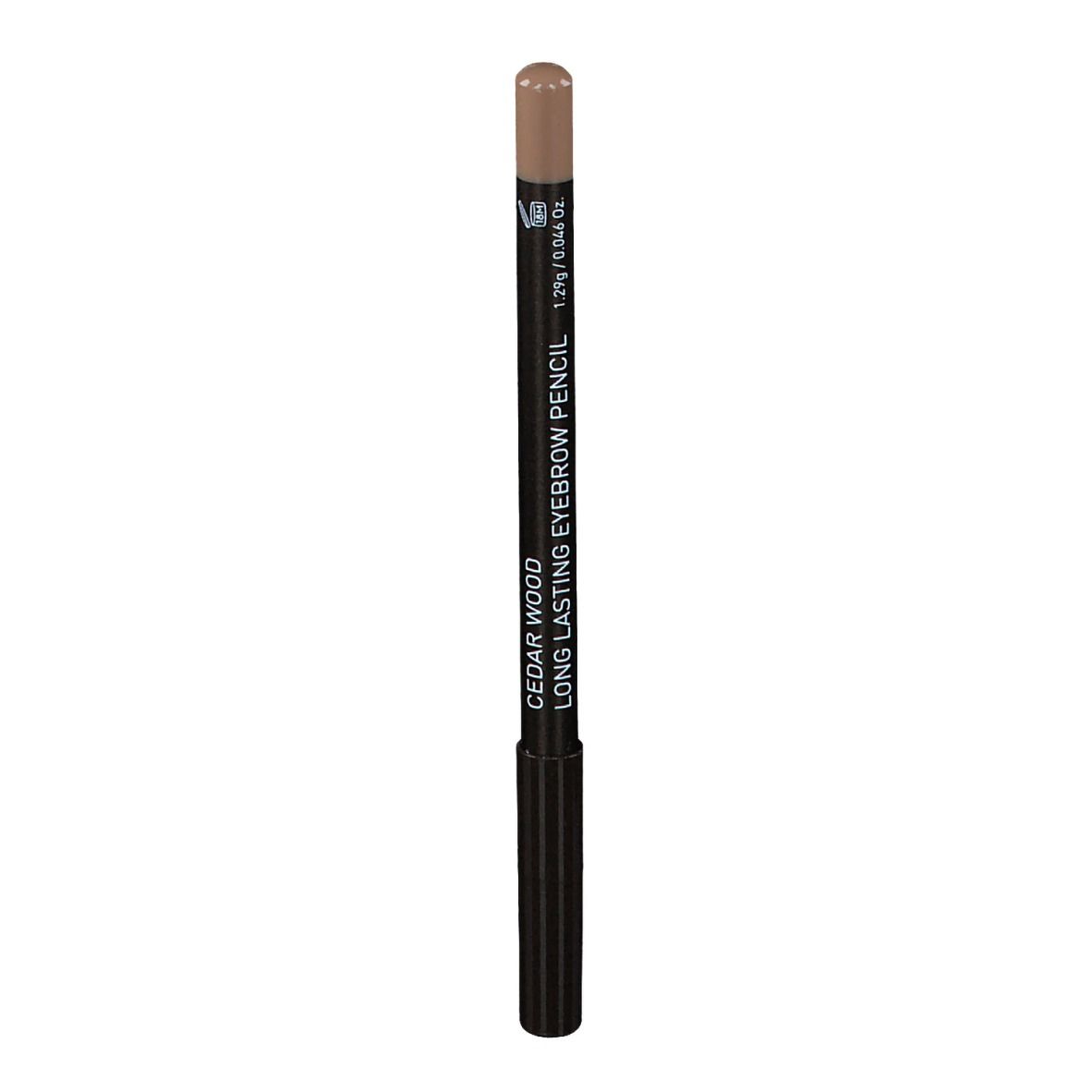 Bruin wenkbrauwpotlood met zwarte schacht. Opschrift: Cedar Wood Long Lasting Eyebrow Pencil, 1.2g / 0.04 Oz.