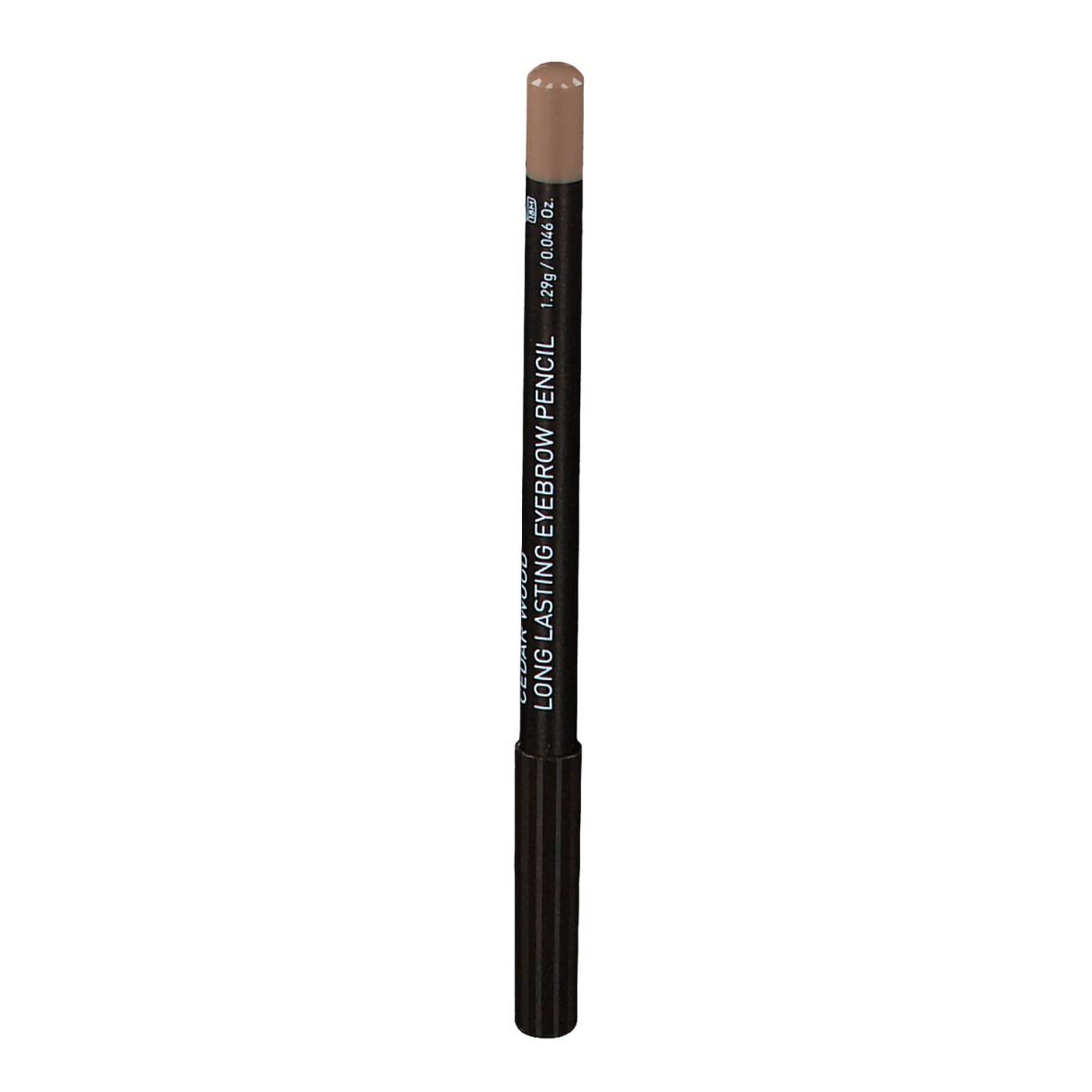 Bruin wenkbrauwpotlood met zwarte schacht. Opschrift: Cedar Wood Long Lasting Eyebrow Pencil, 1.2g / 0.04 Oz.