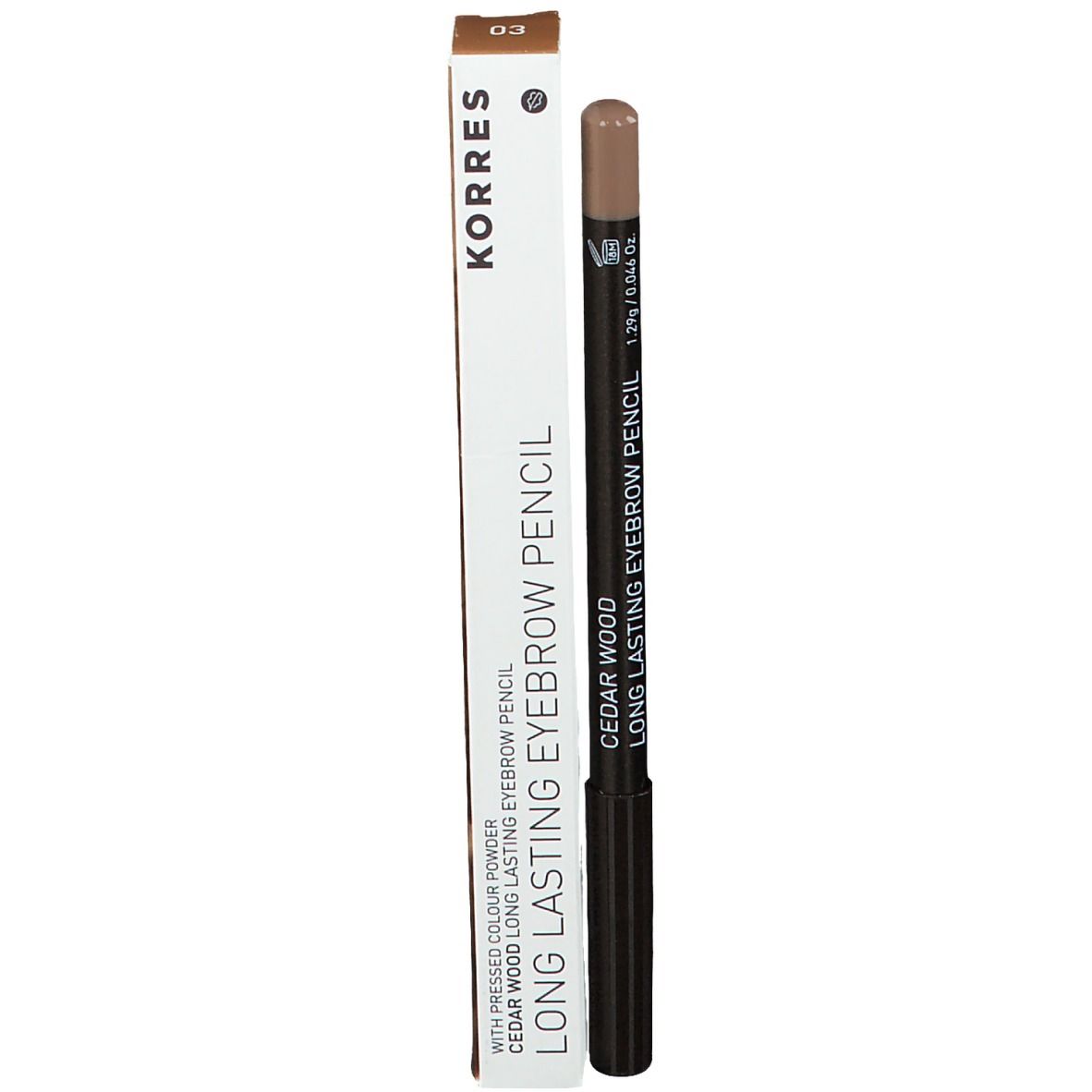 Wenkbrauwpotlood en verpakking. Opschrift: KORRES, Long Lasting Eyebrow Pencil, Cedar Wood, 03.