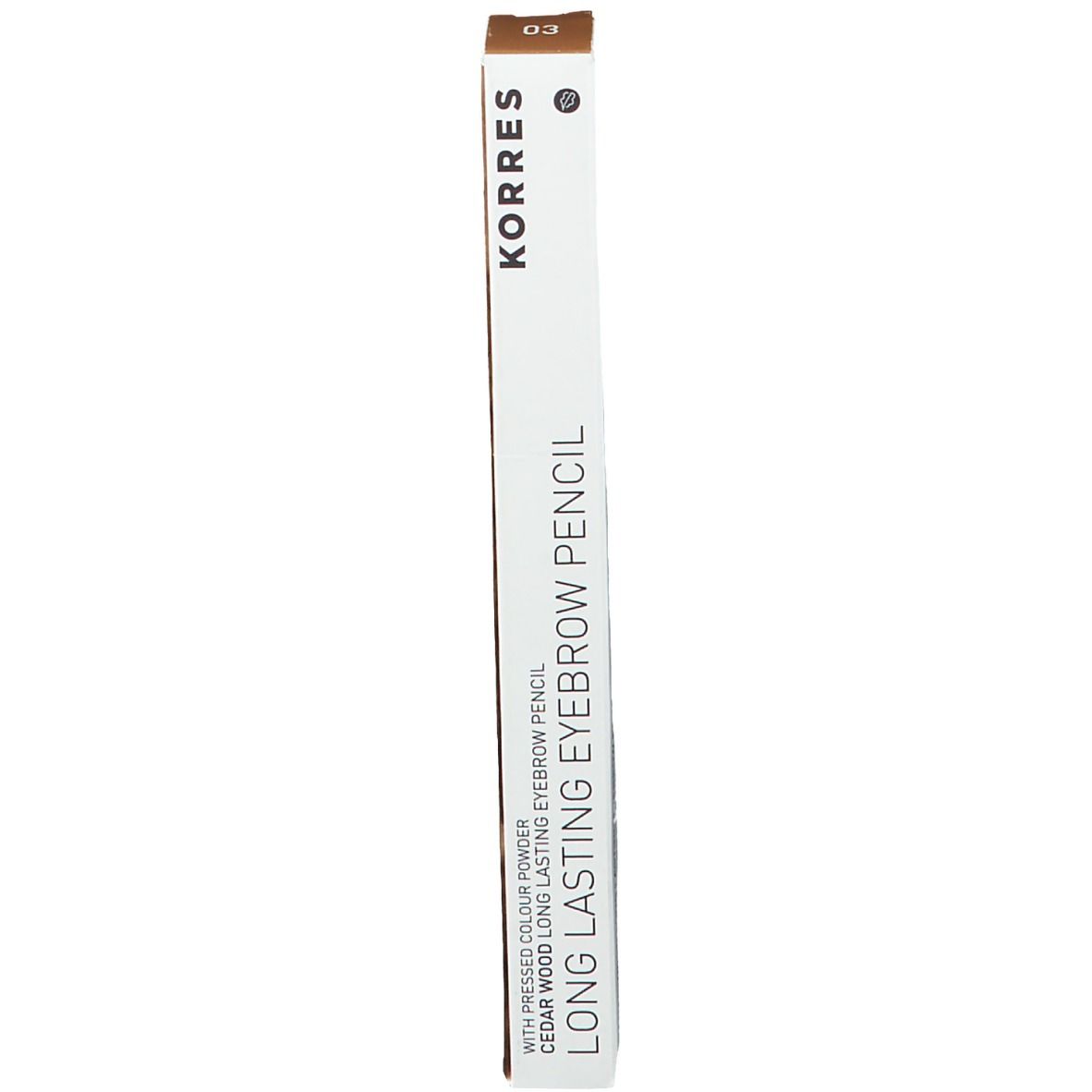 Verpakking voor wenkbrauwpotlood. Opschrift: KORRES, Long Lasting Eyebrow Pencil, Cedar Wood, 03.