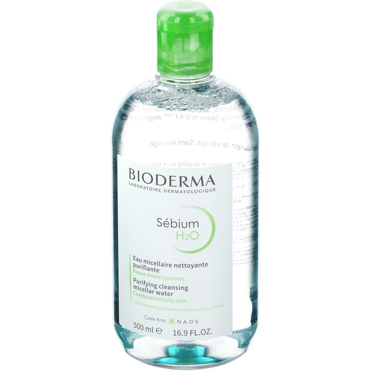 BIODERMA Sébium H2O Mizellenwasser, 500 ml Flasche mit grünem Klappdeckel.