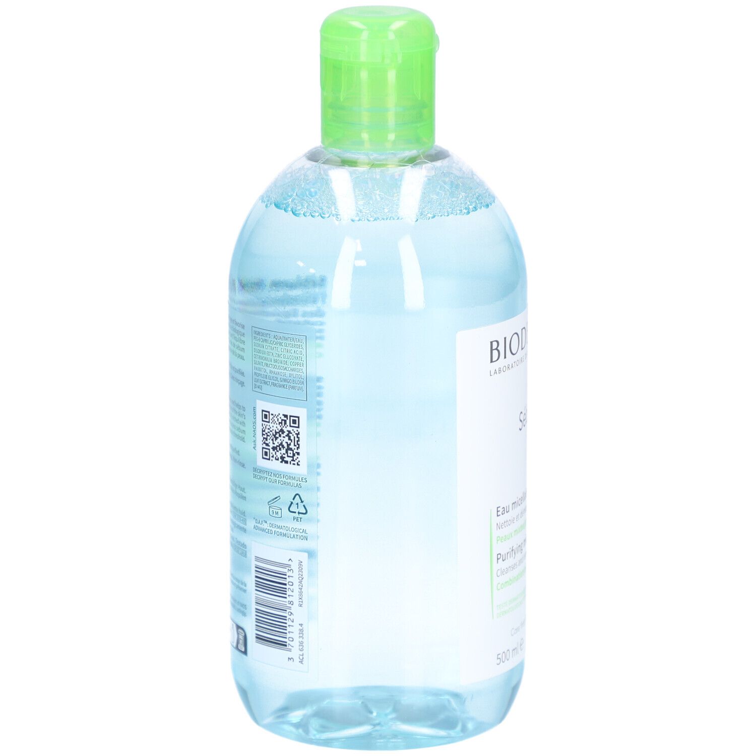Rückseite einer BIODERMA Sébium H2O Mizellenwasserflasche mit Barcode und QR-Code.