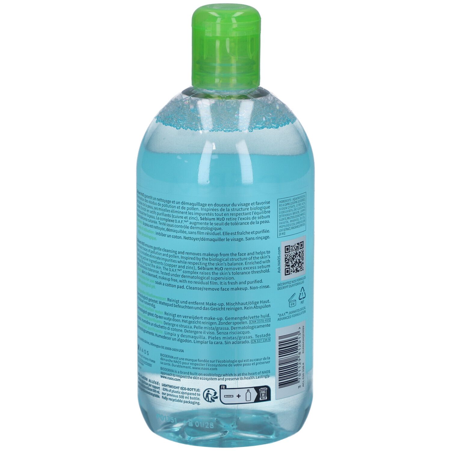 Rückseite einer BIODERMA Sébium H2O Mizellenwasserflasche mit Produktinformationen.