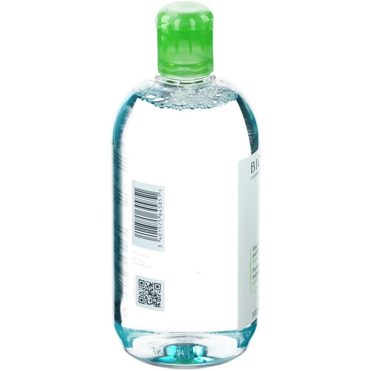 Seite einer BIODERMA Sébium H2O Mizellenwasserflasche mit Barcode und QR-Code.