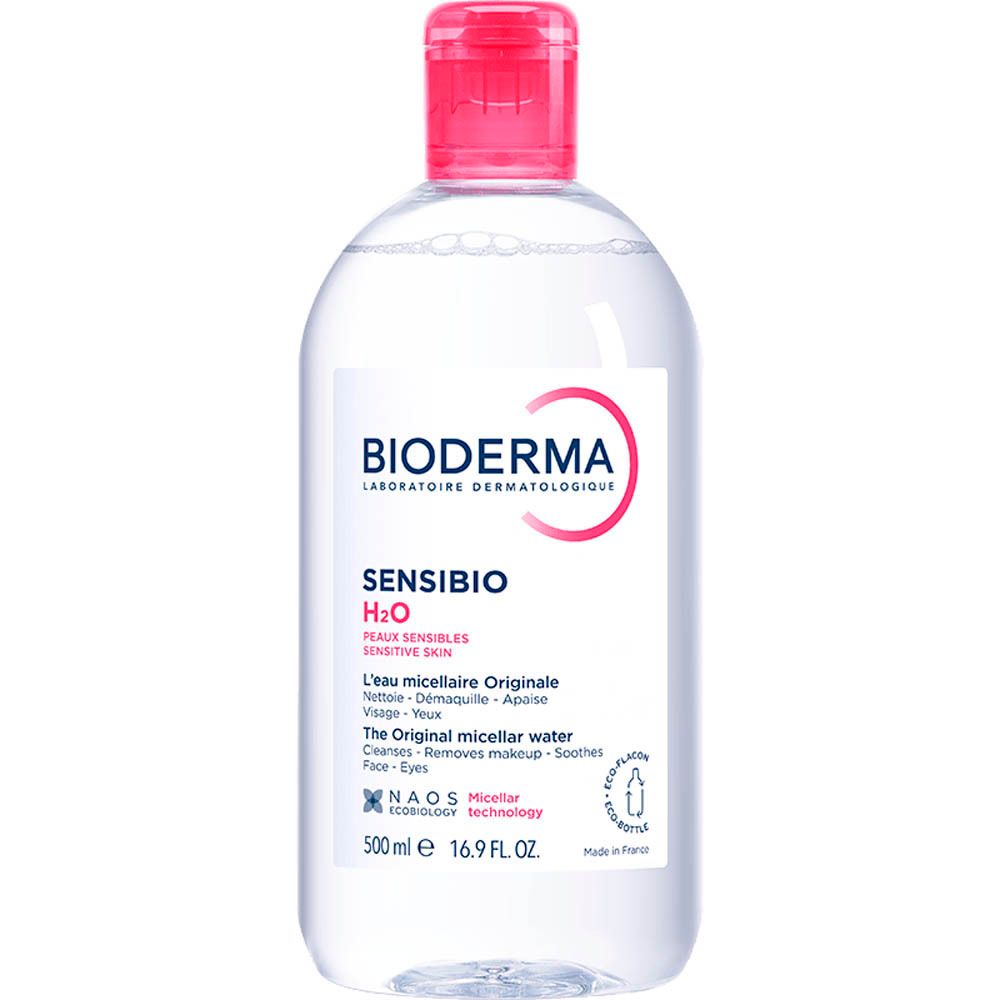 BIODERMA Sensibio H2O. Fles met roze dop. Heldere vloeistof. Opschrift Sensibio H2O en logo.