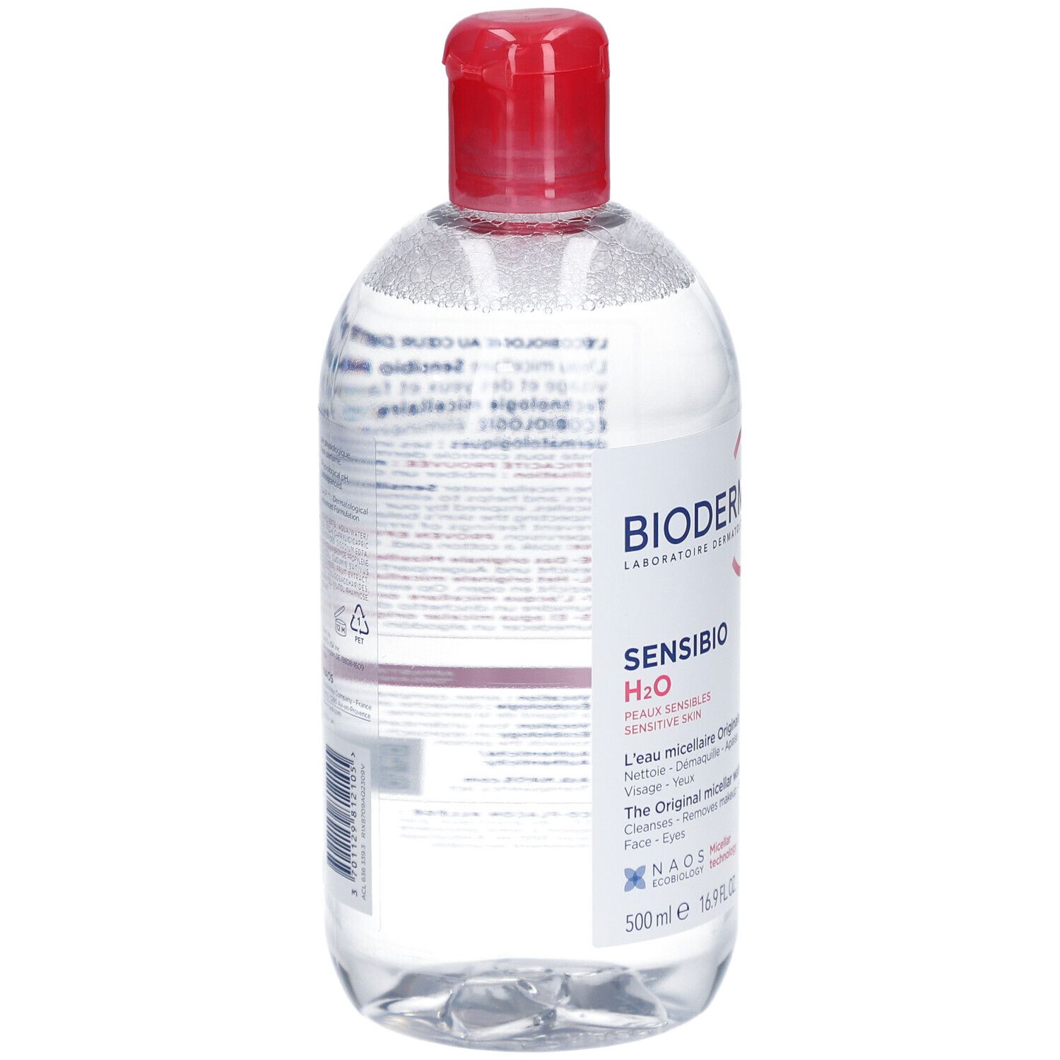 BIODERMA Sensibio H2O. Fles met rode dop. Achterkant met tekst. Heldere vloeistof.