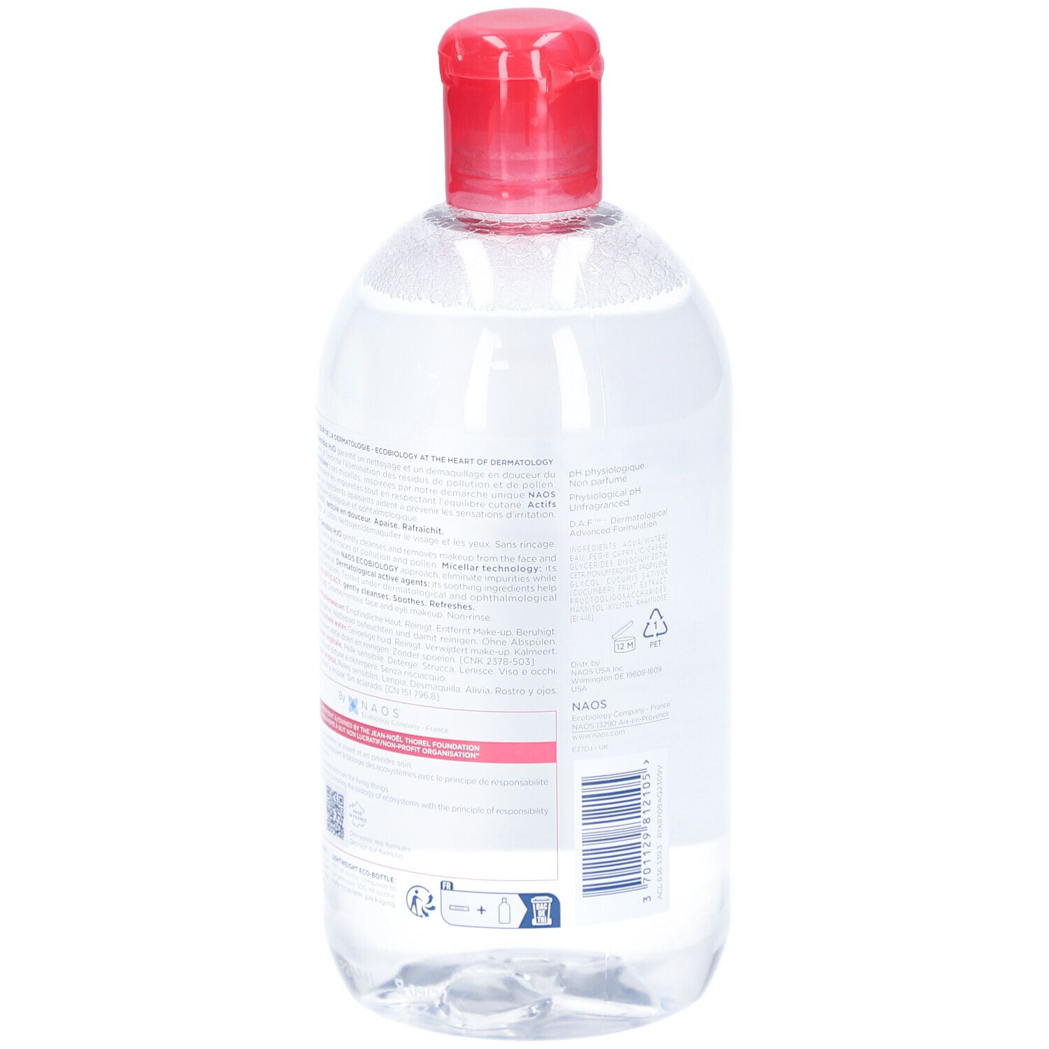 BIODERMA Sensibio H2O. Fles met rode dop. Achterkant met tekst. Heldere vloeistof.