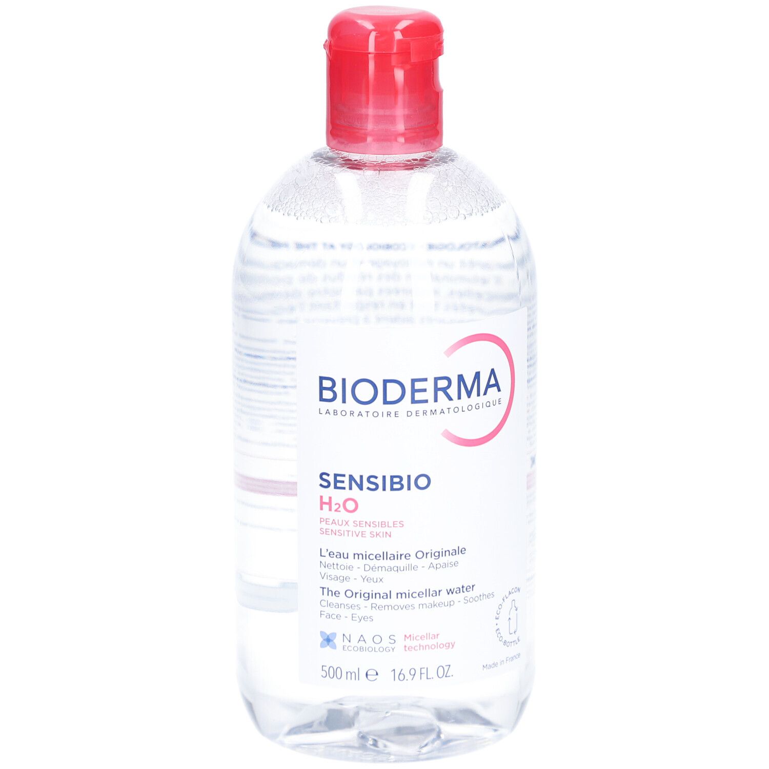 BIODERMA Sensibio H2O. Fles met rode dop. Heldere vloeistof. Opschrift Sensibio H2O en logo.