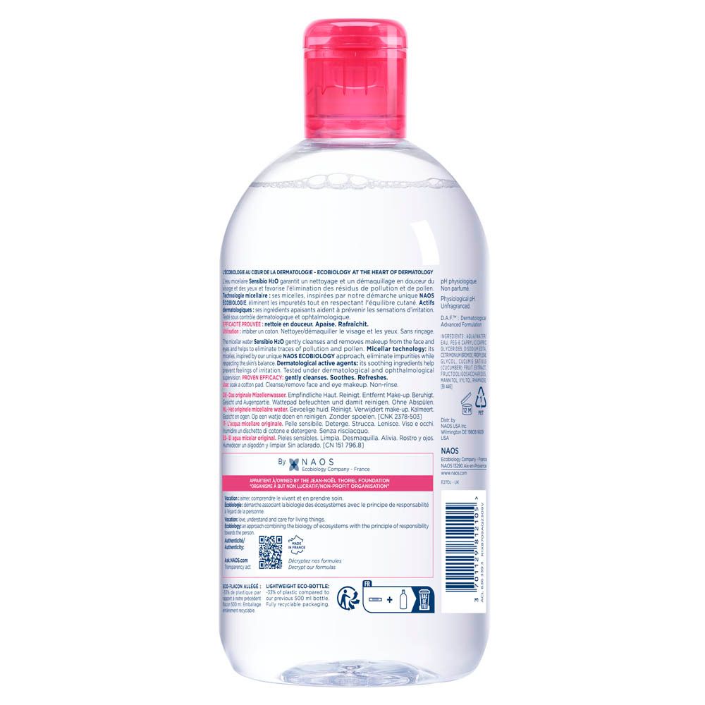BIODERMA Sensibio H2O. Fles met roze dop. Achterkant met tekst. Heldere vloeistof.