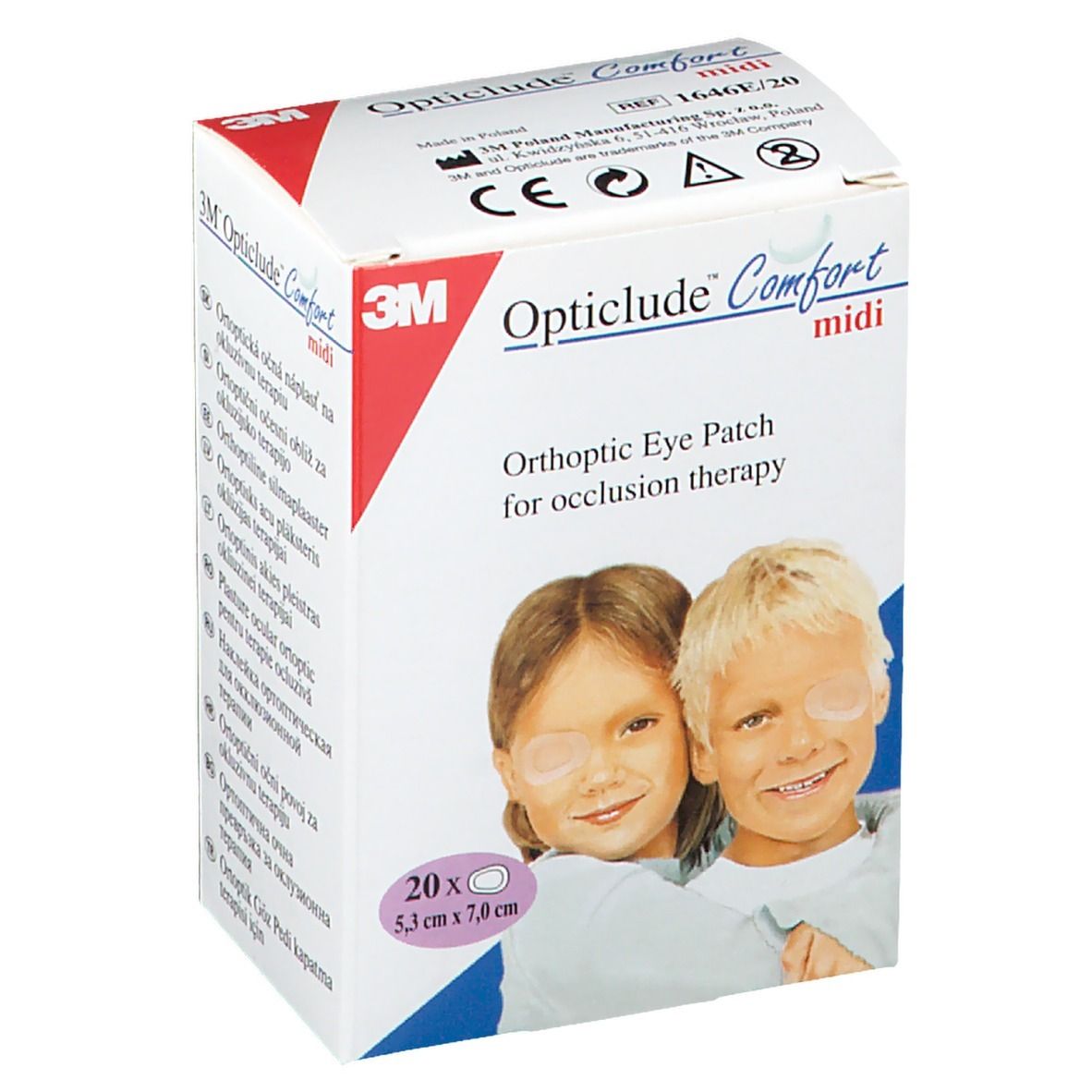 Verpakking van 3M Opticlude Comfort midi oogpleisters. Bevat 20 pleisters, 5,3 cm x 7,0 cm. Afbeelding van kinderen met oogpleisters.