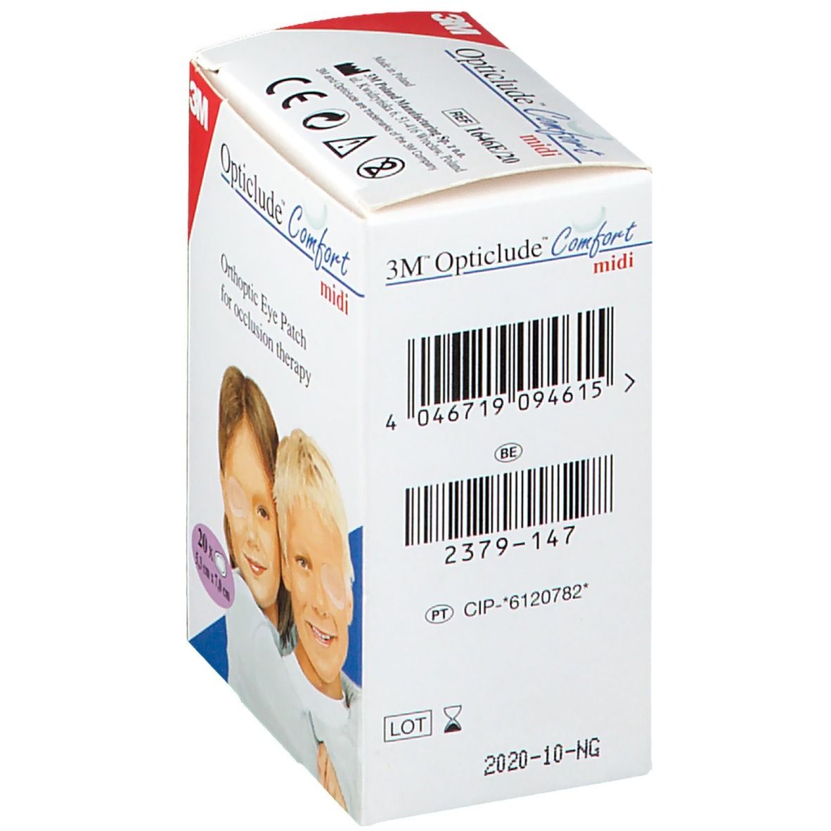 Zijaanzicht van de verpakking van 3M Opticlude Comfort midi. Barcode en productinformatie. CE-markering zichtbaar.