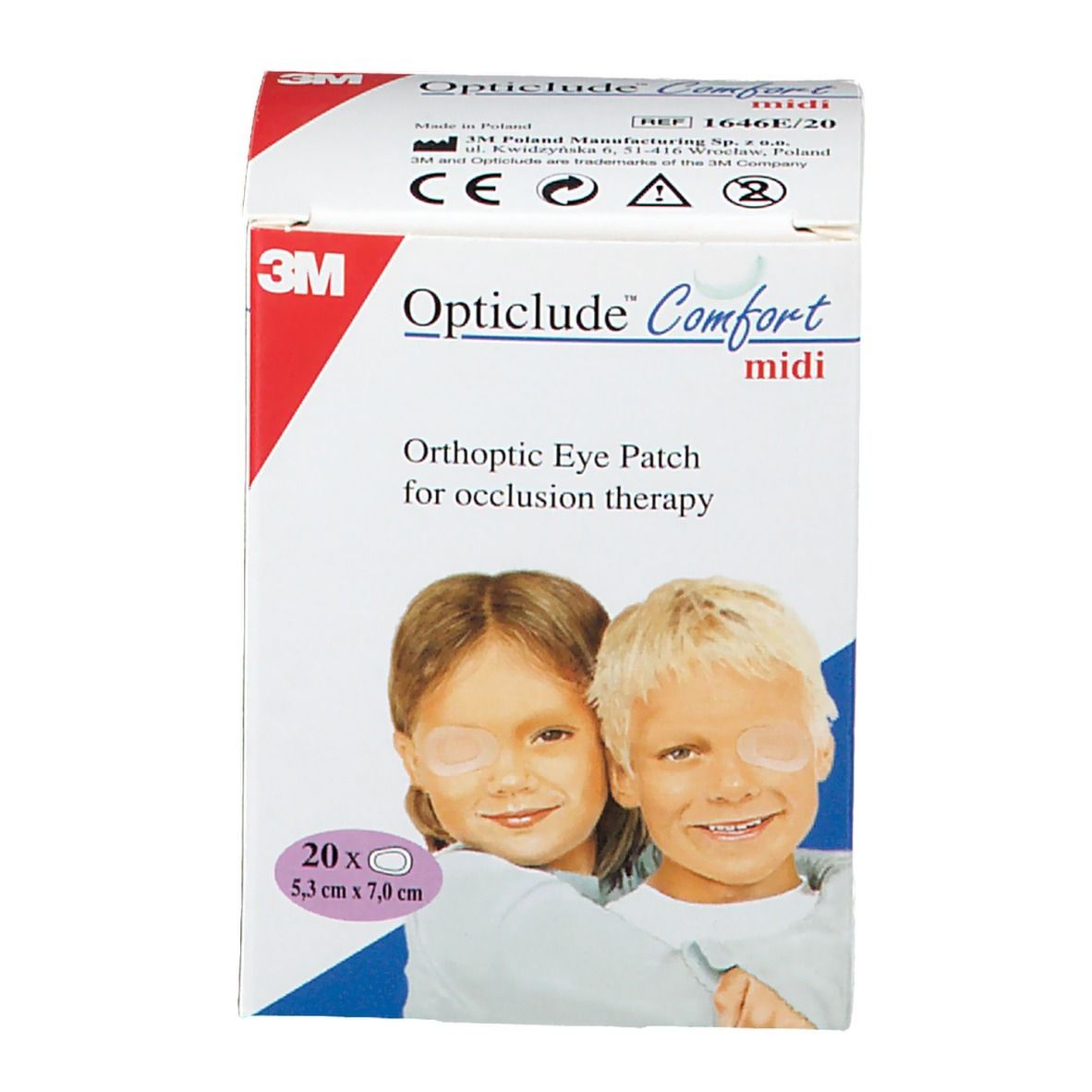 Vooraanzicht van de verpakking van 3M Opticlude Comfort midi. Bevat 20 oogpleisters, 5,3 cm x 7,0 cm. Afbeelding van kinderen.