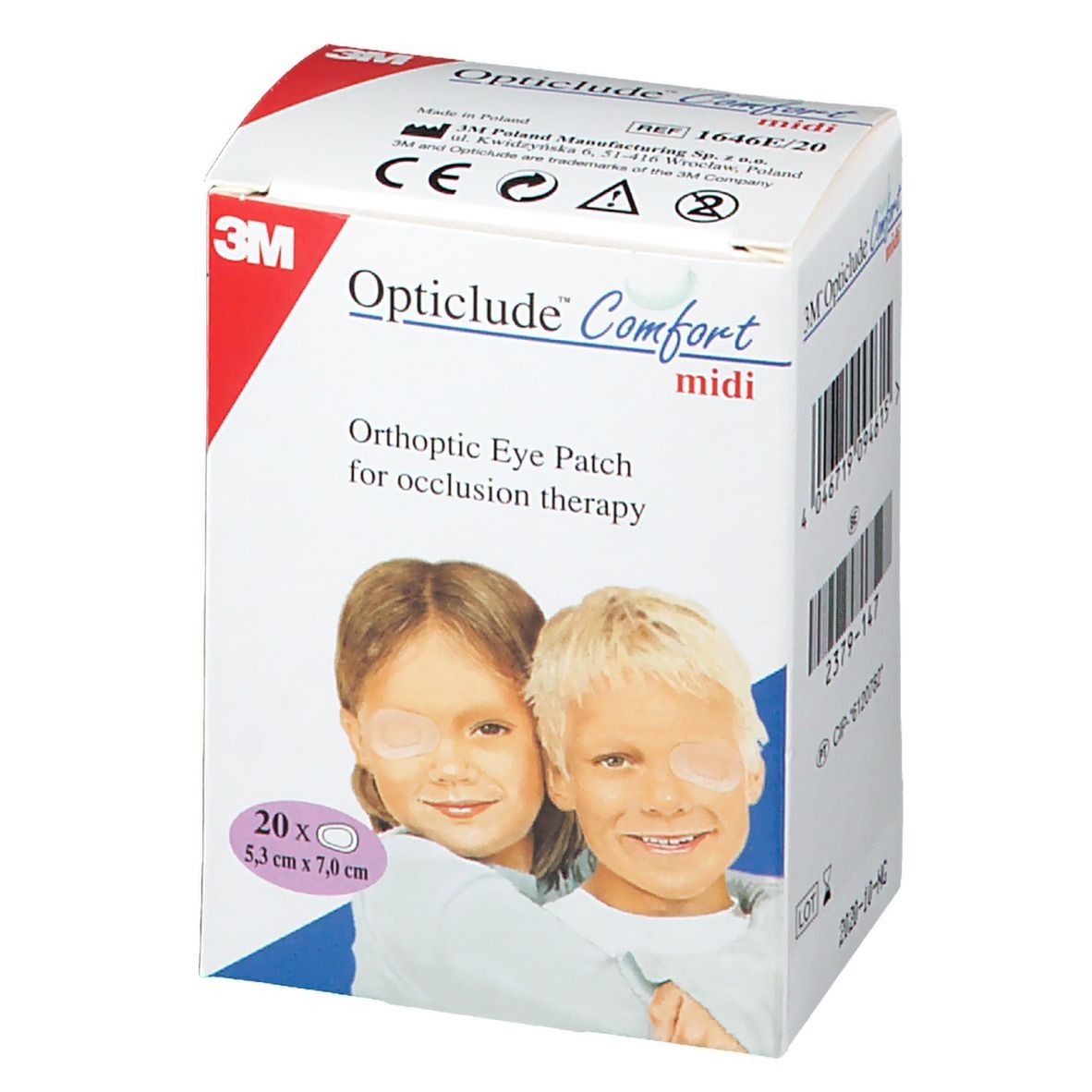 Vooraanzicht van de verpakking van 3M Opticlude Comfort midi. Bevat 20 oogpleisters, 5,3 cm x 7,0 cm. Afbeelding van kinderen.