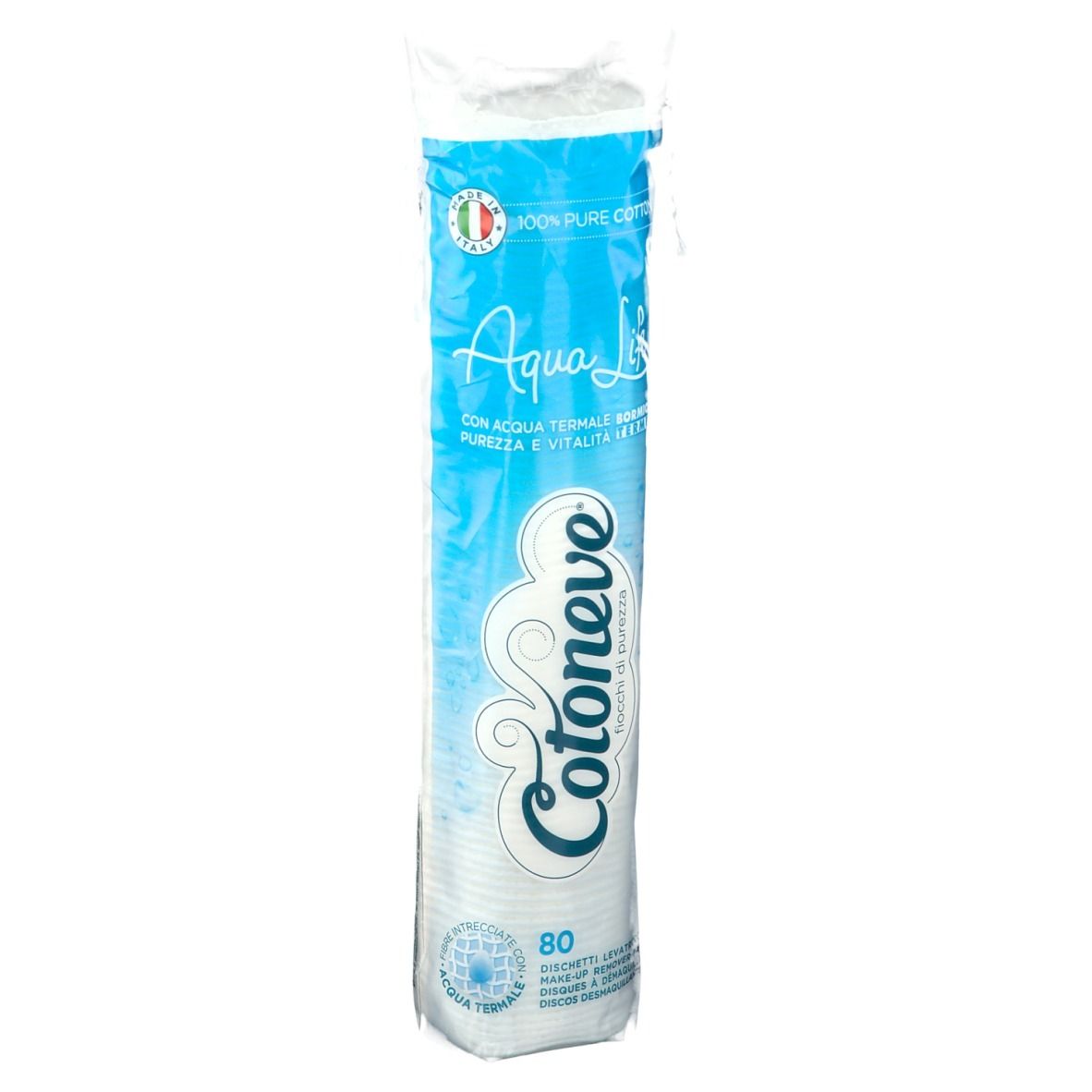 Verpakking met ronde wattenschijfjes. Opschrift: Cotoneve, Aqua Life, 80 stuks. Italiaanse vlag.