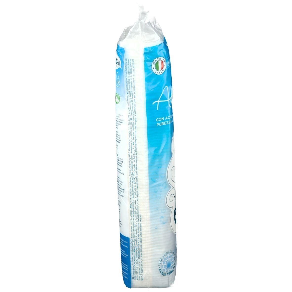 Zijaanzicht van de wattenschijfjesverpakking. Opschrift: Aqua Life, diverse logo's en tekst. Italiaanse vlag.