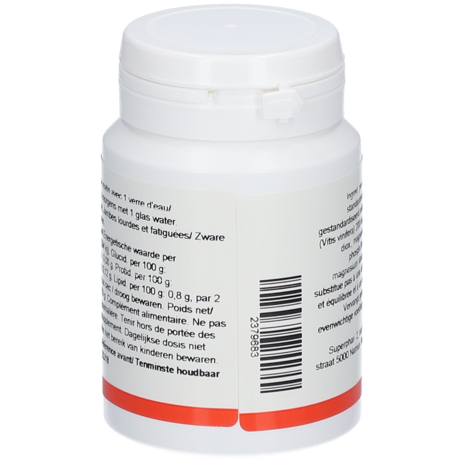 Dos du flacon blanc. Texte: Energetische waarde per 100 g, Glucid, Proteine, Lipiden. Code-barres.