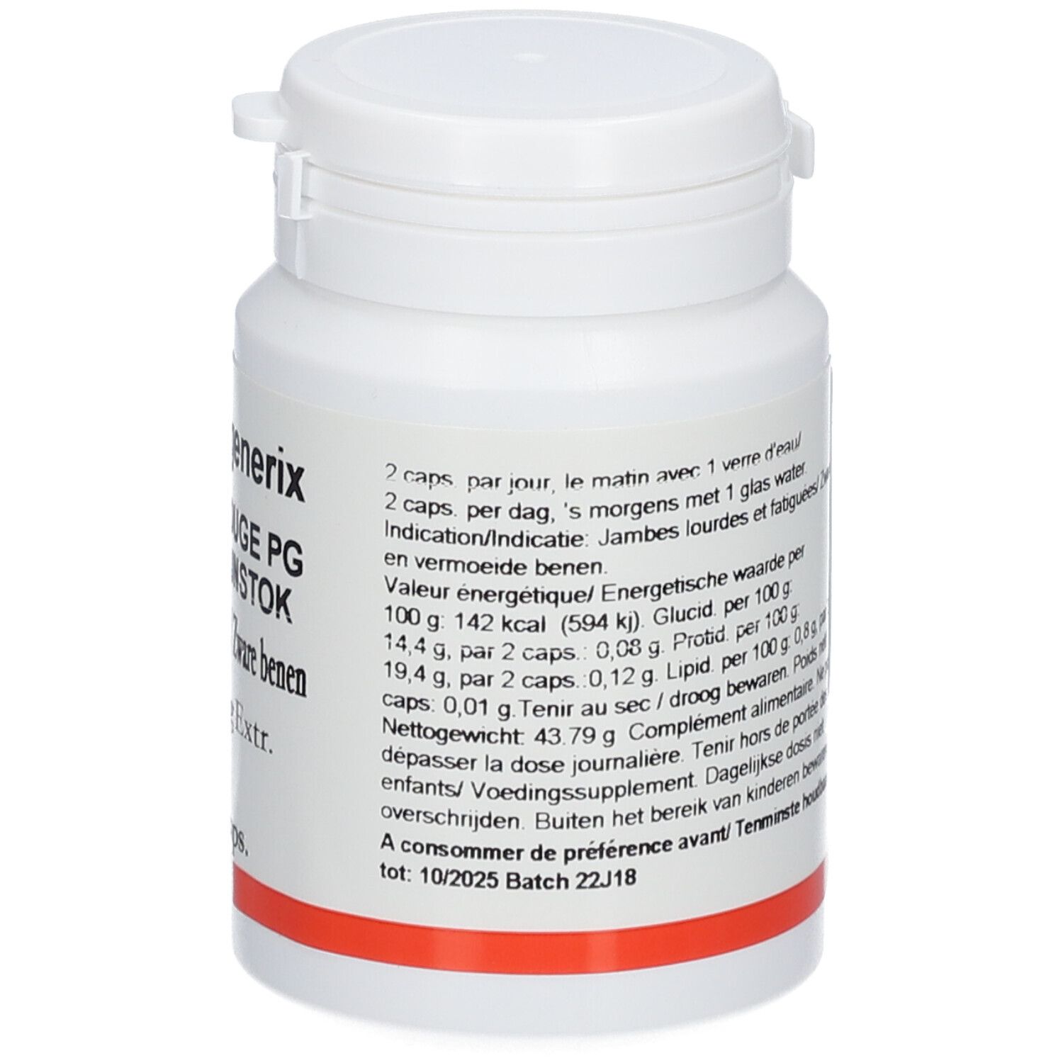 Dos du flacon blanc. Texte: 2 caps. par jour, 142 kcal, 594 kJ, 10/2025. Code-barres.