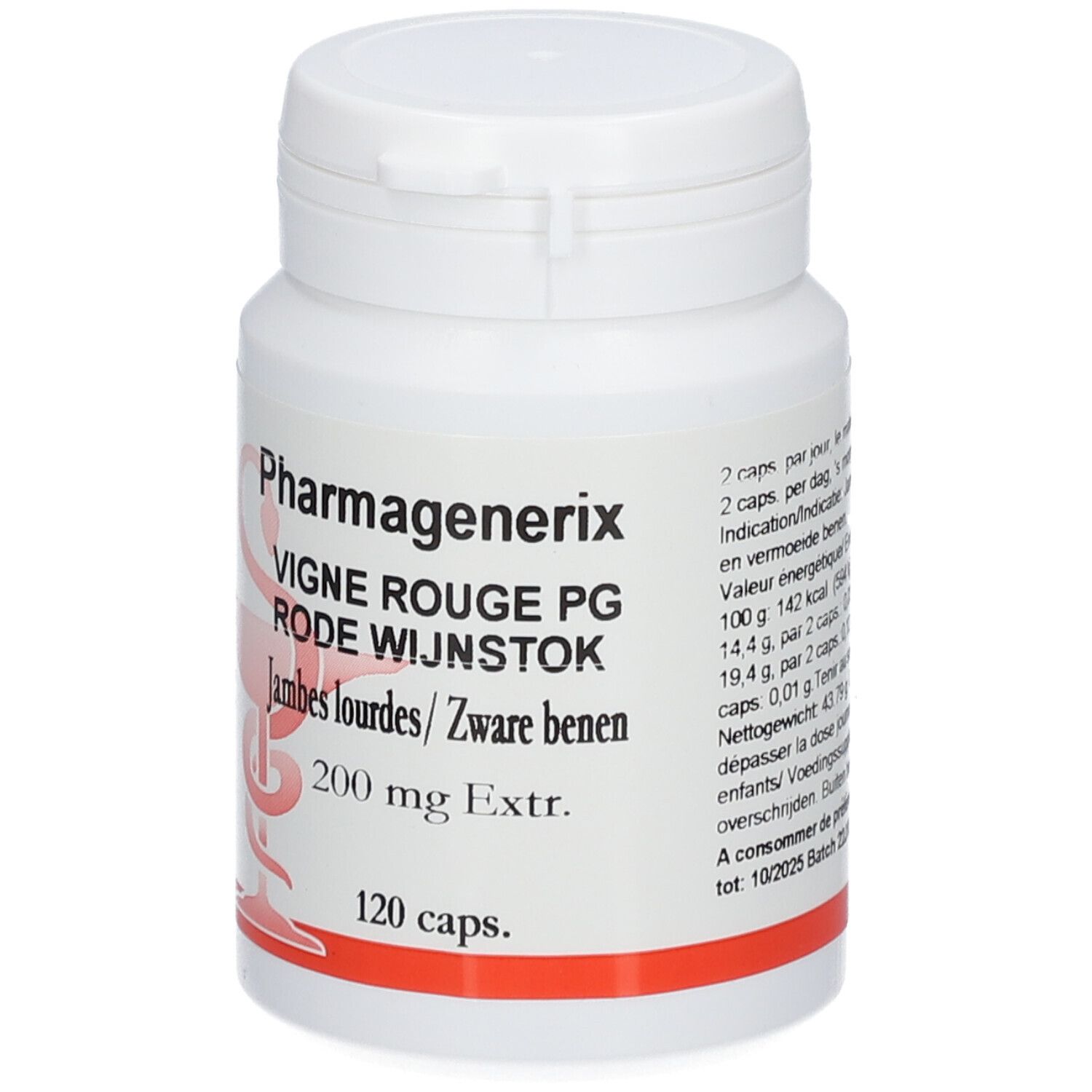Flacon blanc de PharmaGenerix, Vigne Rouge PG, 200 mg Extr., 120 capsules. Inscription rouge. Bouchon blanc.