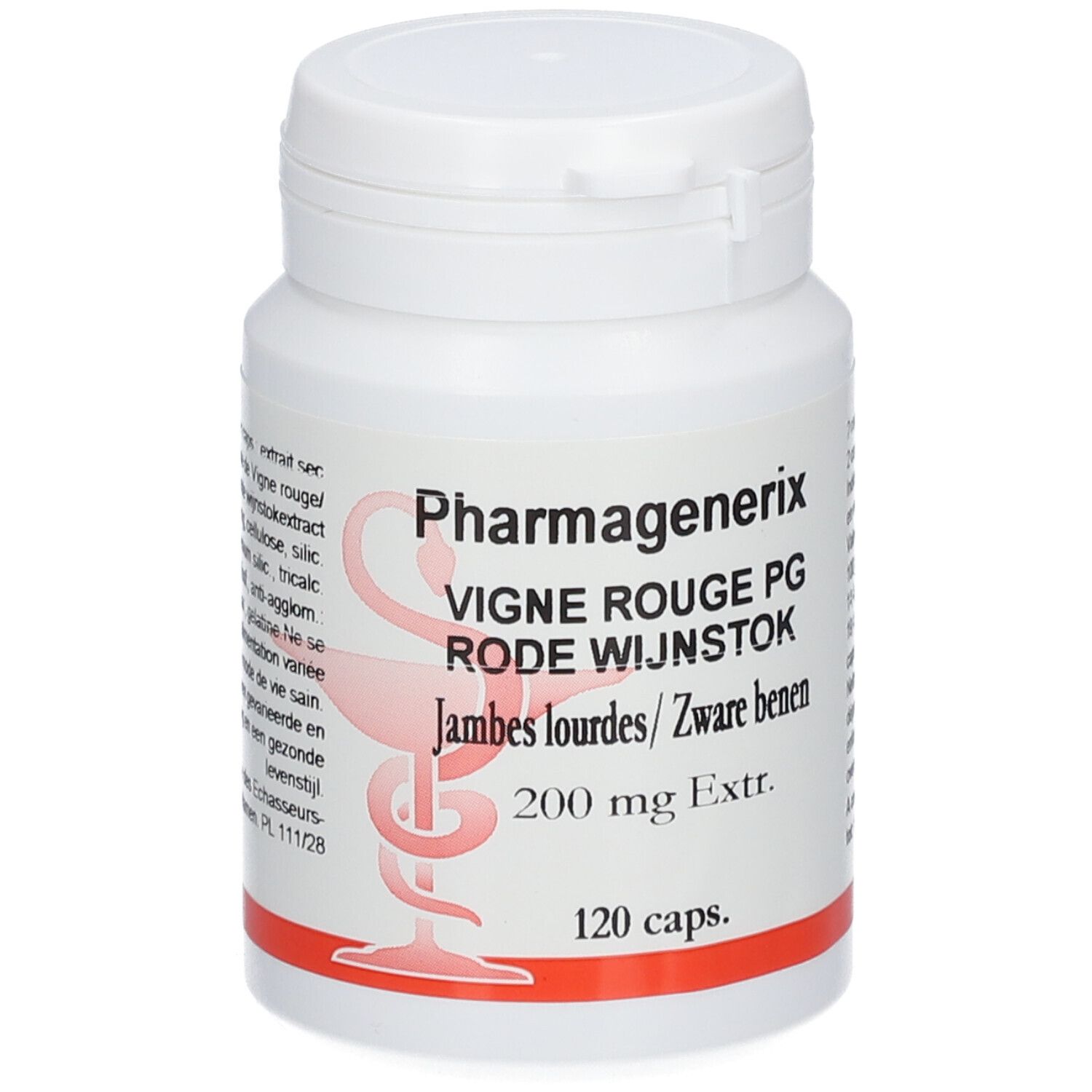 Flacon blanc de PharmaGenerix, Vigne Rouge PG, 200 mg Extr., 120 capsules. Inscription rouge. Bouchon blanc.