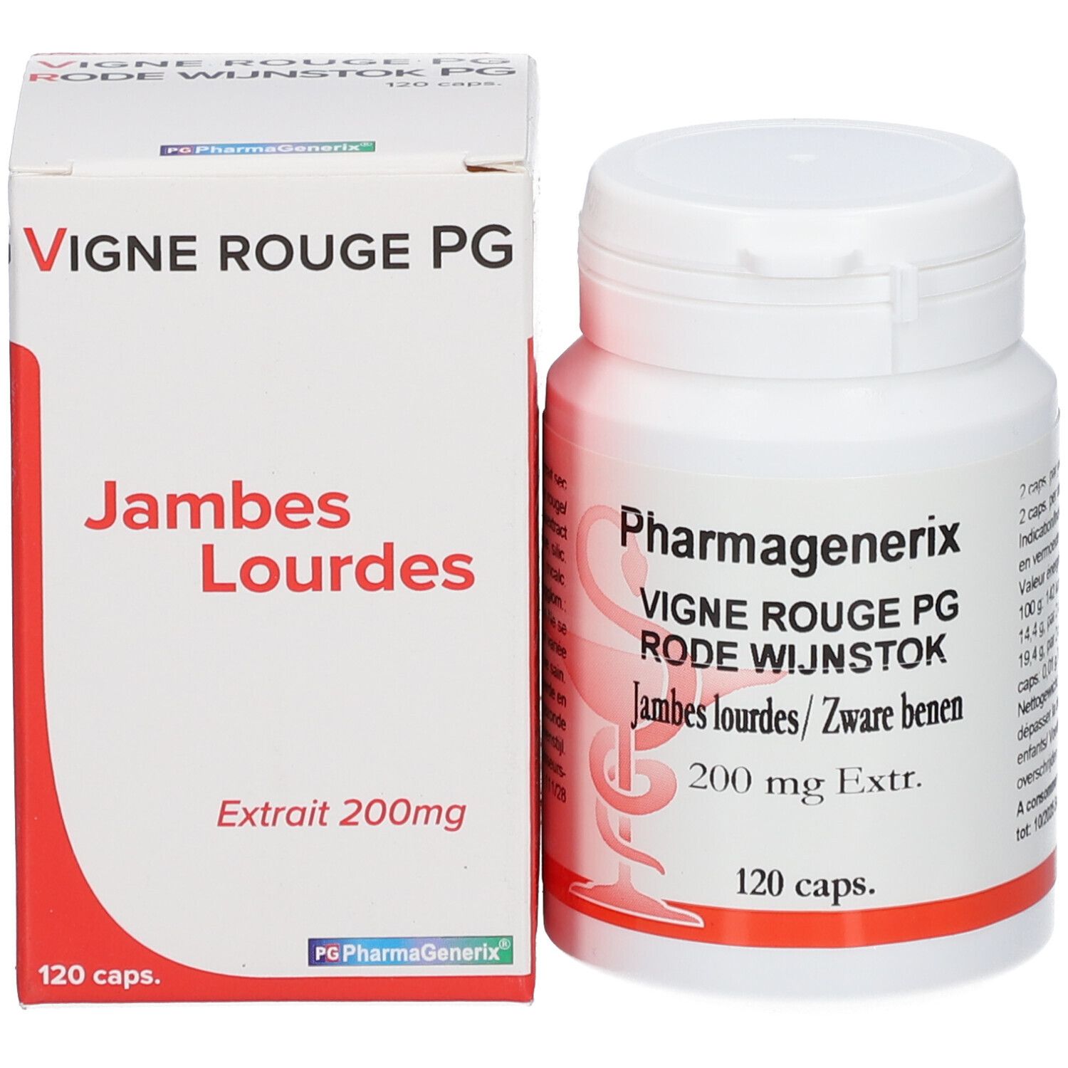 Flacon et boîte blancs. Inscription: Vigne Rouge PG, Jambes Lourdes, Extrait 200mg, 120 caps.