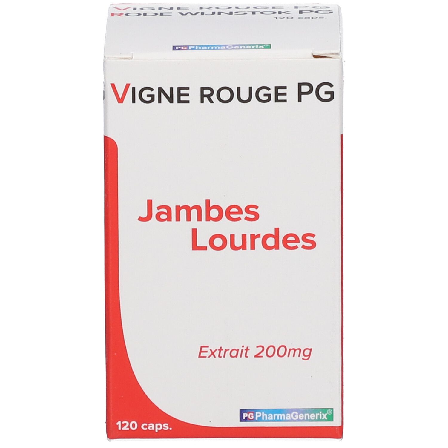 Boîte blanche. Inscription: Vigne Rouge PG, Jambes Lourdes, Extrait 200mg, 120 caps.
