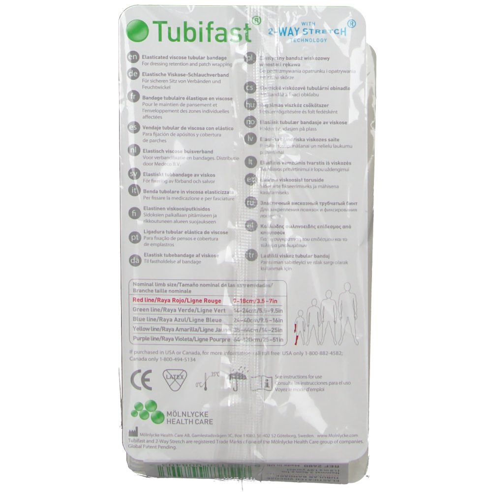 Achterkant verpakking Tubifast® met 2-Way Stretch®. Informatie en certificeringen. CE-markering. Meertalig.