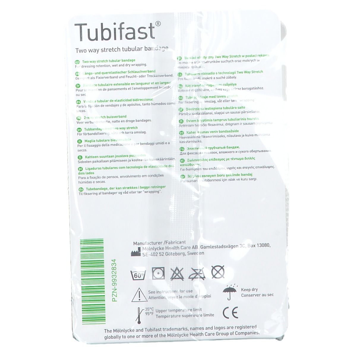 Dos de l'emballage Tubifast. Informations sur le produit, coordonnées du fabricant et symboles de lavage.