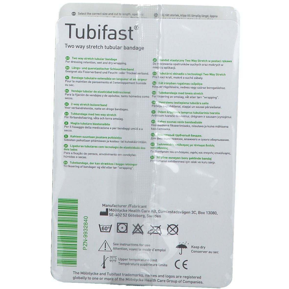 Achterkant verpakking Tubifast. Tekst, wassymbolen, fabrikantinfo en CE-markering.