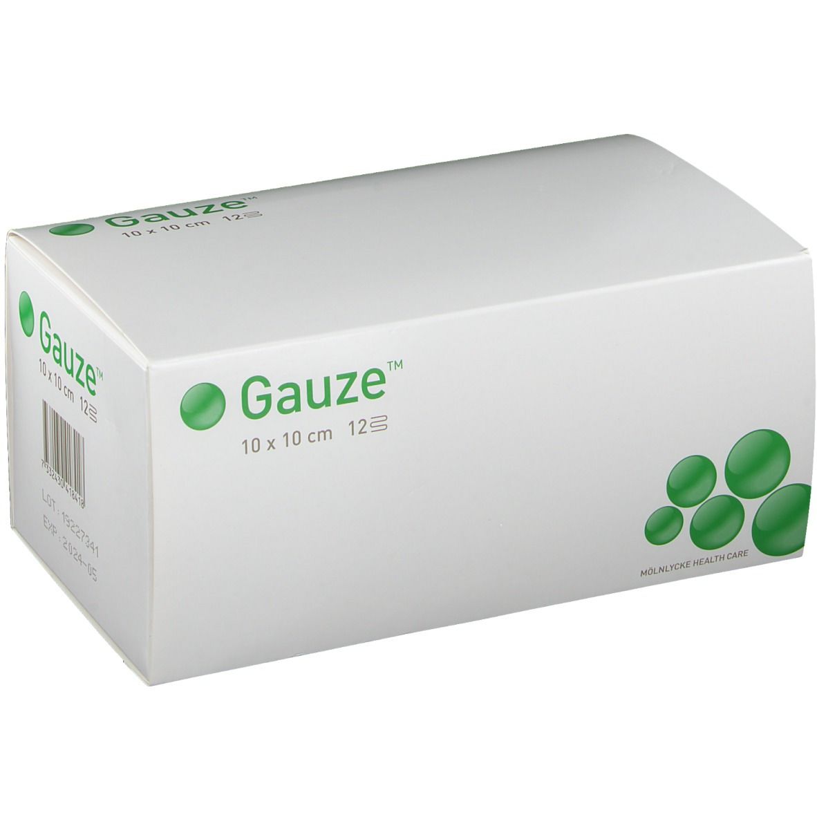 Witte doos met groene tekst "Gauze" en productinformatie. 10x10 cm, 12 lagen. Groene cirkels als decoratie.