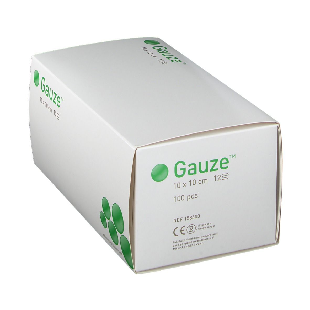 Witte verpakking met groene tekst "Gauze", 10x10 cm, 12 lagen. Bevat 100 stuks. CE-markering.
