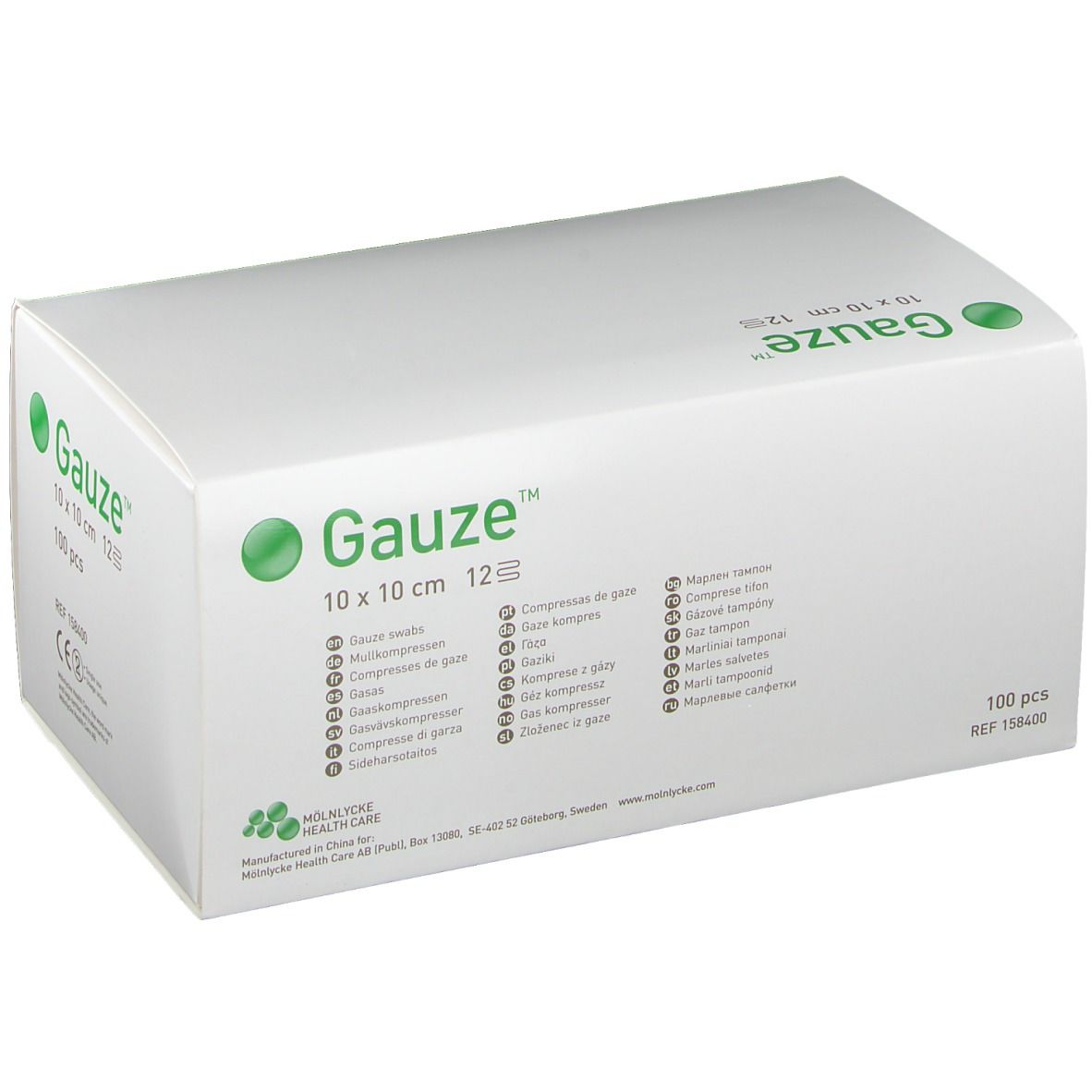 Witte verpakking met groene tekst "Gauze", 10x10 cm, 12 lagen. Meertalige productaanduidingen.
