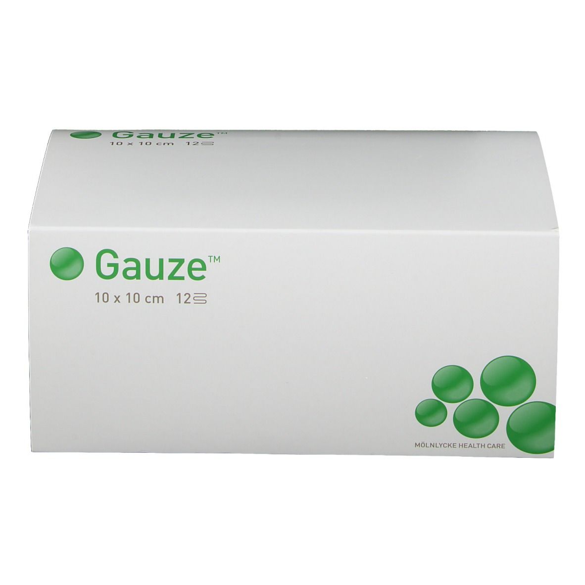Witte verpakking met groene tekst "Gauze", 10x10 cm, 12 lagen. Groene cirkel als logo.