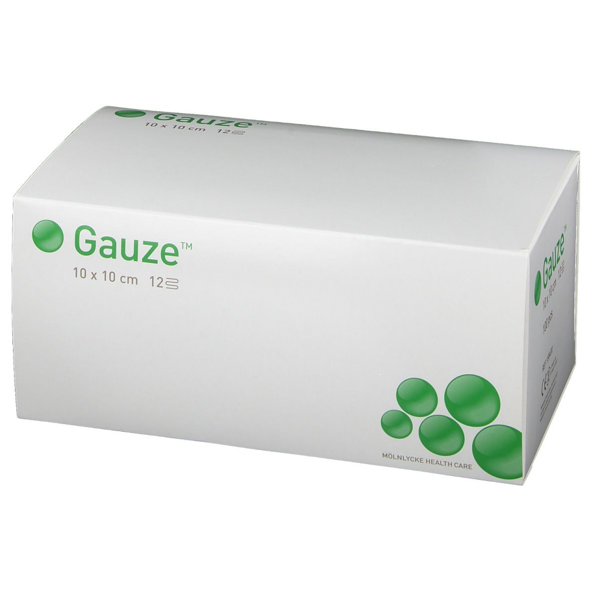 Witte verpakking met groene tekst "Gauze", 10x10 cm, 12 lagen. Groene cirkel en groene cirkels.