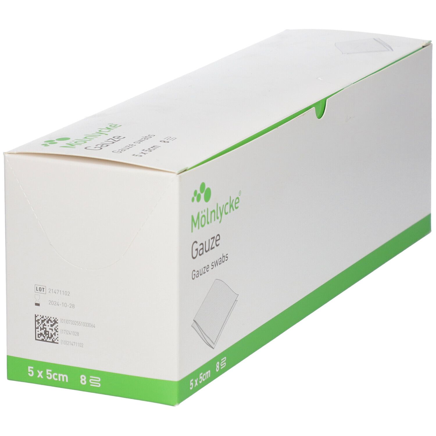 Kartonverpackung mit M

lnlycke Gauze, 5x5cm, 8 Stück. Aufdruck mit Produktinformationen und Barcode. Weiße Grundfarbe.