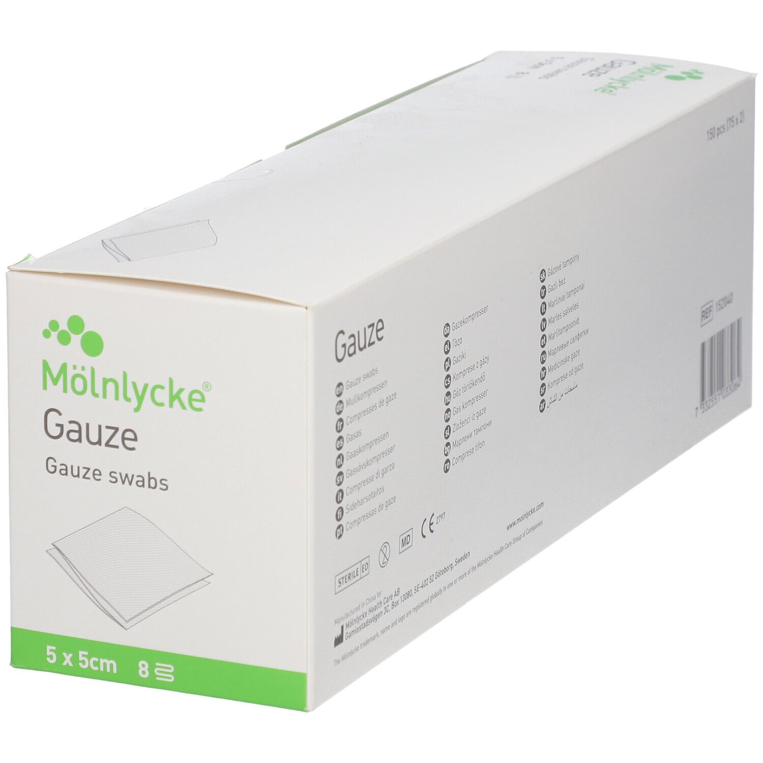 Kartonverpackung mit M

lnlycke Gauze, 5x5cm, 8 Stück. Aufdruck mit Produktinformationen. Weiße Grundfarbe.