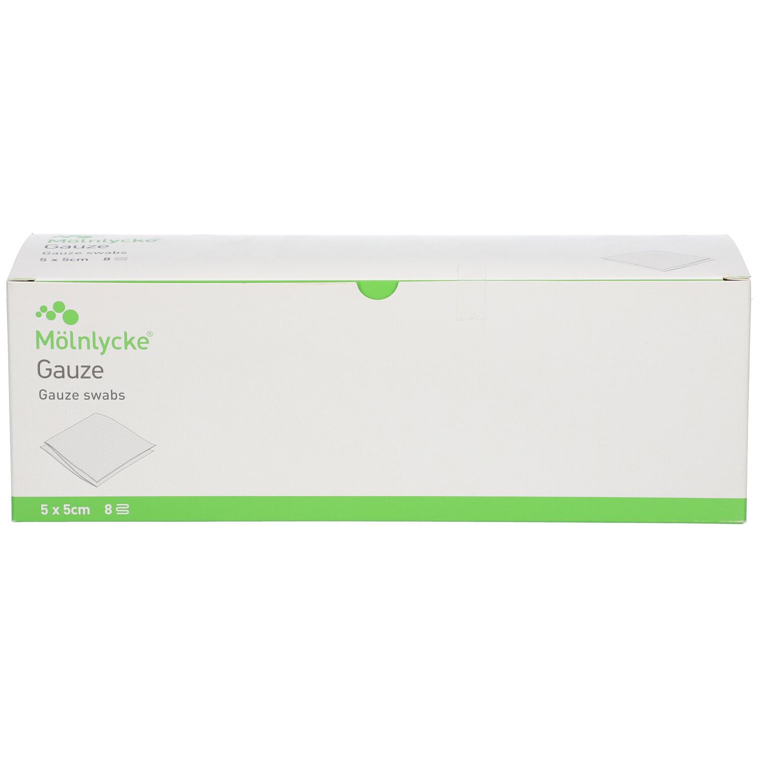 Weiße Kartonverpackung mit grünem Akzent. Aufschrift: M

lnlycke Gauze, 5x5cm, 8 Stück. Abbildung eines Gazetuches.
