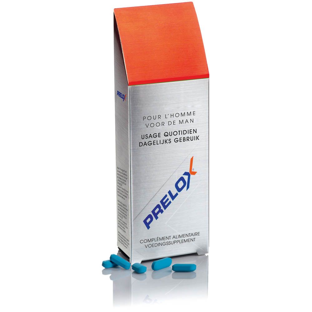 Boîte PRELOX® avec comprimés bleus. Boîte argentée avec couvercle orange. Logo PRELOX®.