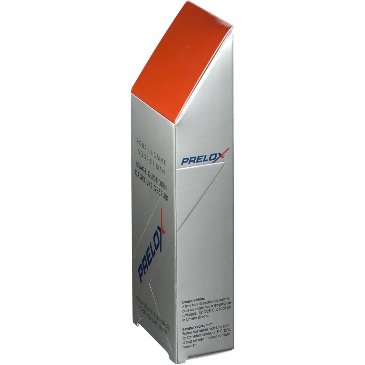Vue latérale de la boîte PRELOX®. Boîte argentée avec couvercle orange. Logo PRELOX® et texte.