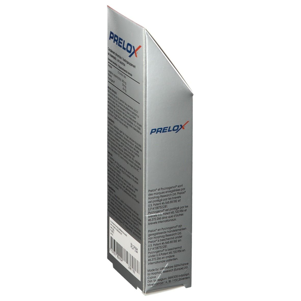 Vue latérale de la boîte PRELOX®. Texte avec ingrédients et instructions d'utilisation. Logo PRELOX®.