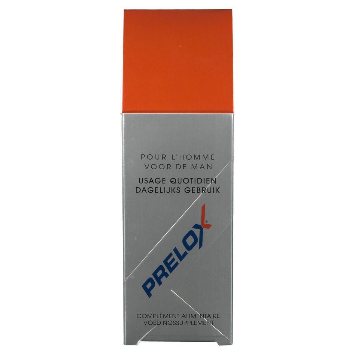 Boîte PRELOX® argentée avec couvercle orange. Logo PRELOX® et texte multilingue.
