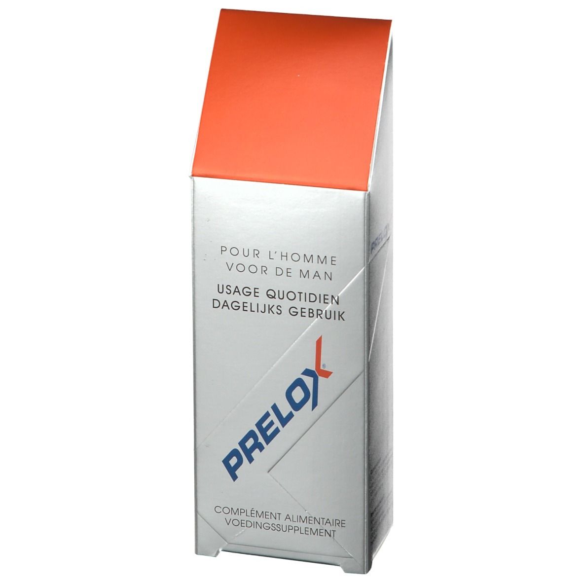 Boîte PRELOX® argentée avec couvercle orange. Logo PRELOX® et texte multilingue.