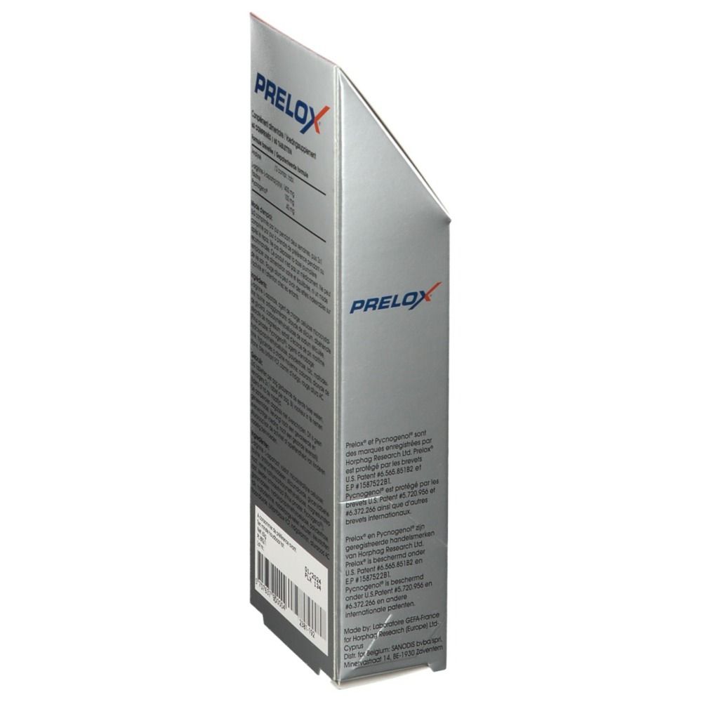 Vue latérale de la boîte PRELOX®. Texte avec ingrédients et instructions d'utilisation. Logo PRELOX®.