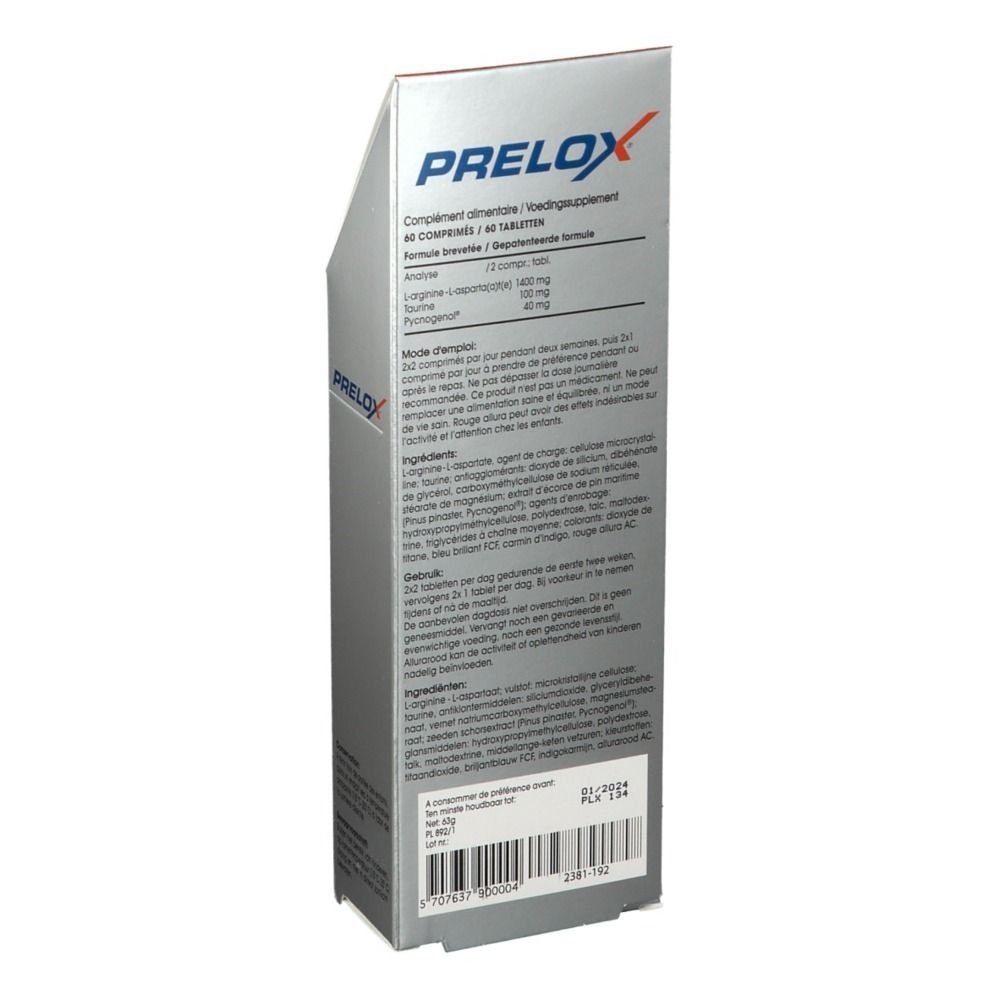 Dos de la boîte PRELOX®. Texte avec ingrédients et instructions d'utilisation. Logo PRELOX®.