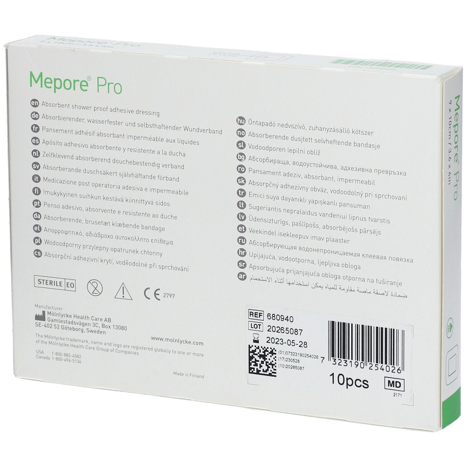 Dos de la boîte Mepore Pro. Informations multilingues sur le produit, numéro de lot, date de péremption et coordonnées du fabricant.
