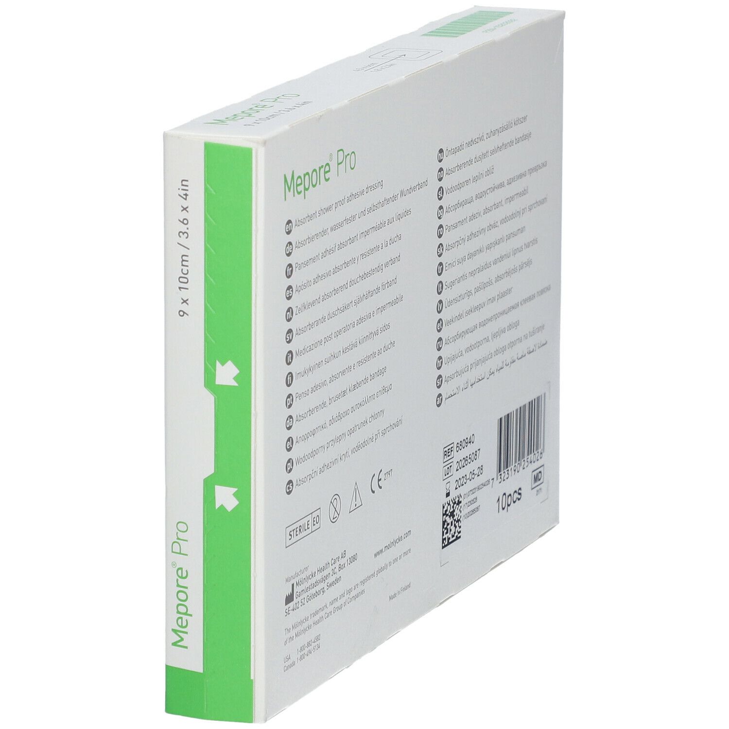 Boîte Mepore Pro, vue latérale. Nom du produit, dimensions et informations multilingues.