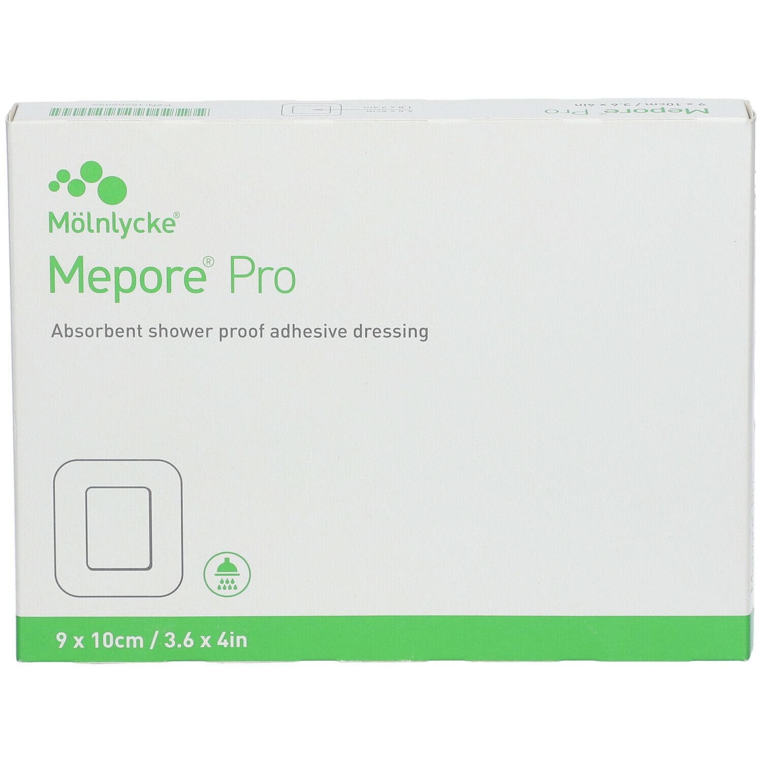 Boîte Mepore Pro, 9 x 10 cm. Boîte verte et blanche avec logo et dimensions. Pansement adhésif absorbant et résistant à la douche.