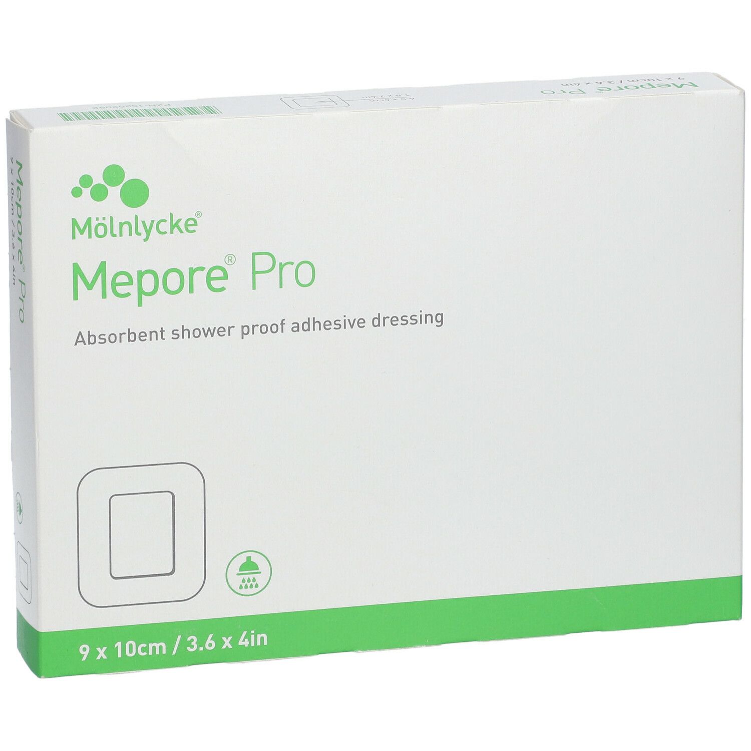 Boîte Mepore Pro, 9 x 10 cm. Boîte verte et blanche avec logo et dimensions. Pansement adhésif absorbant et résistant à la douche.