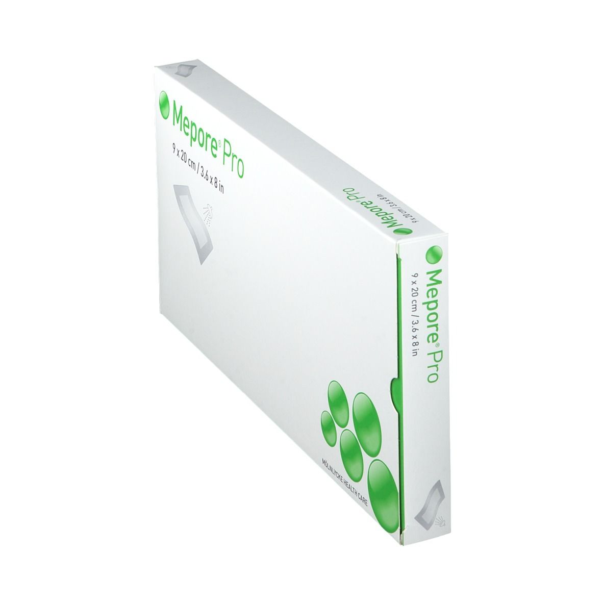 Mepore® Pro Verpackung, 9 x 20 cm. Weiße Schachtel, seitliche Ansicht. Produktlogo und Größenangabe deutlich sichtbar.