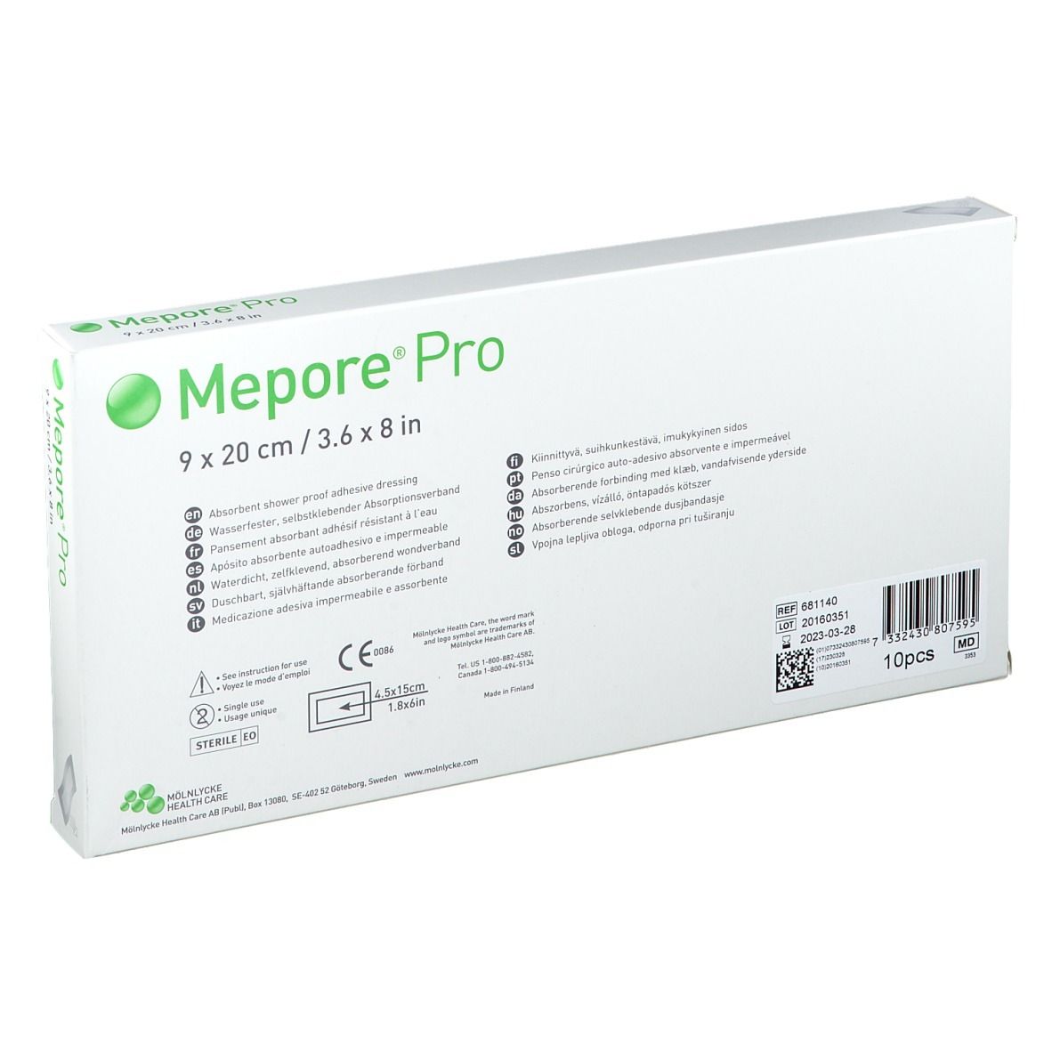 Rückseite der Mepore® Pro Verpackung, 9 x 20 cm. Text in mehreren Sprachen, CE-Kennzeichnung, Chargennummer und Haltbarkeit.